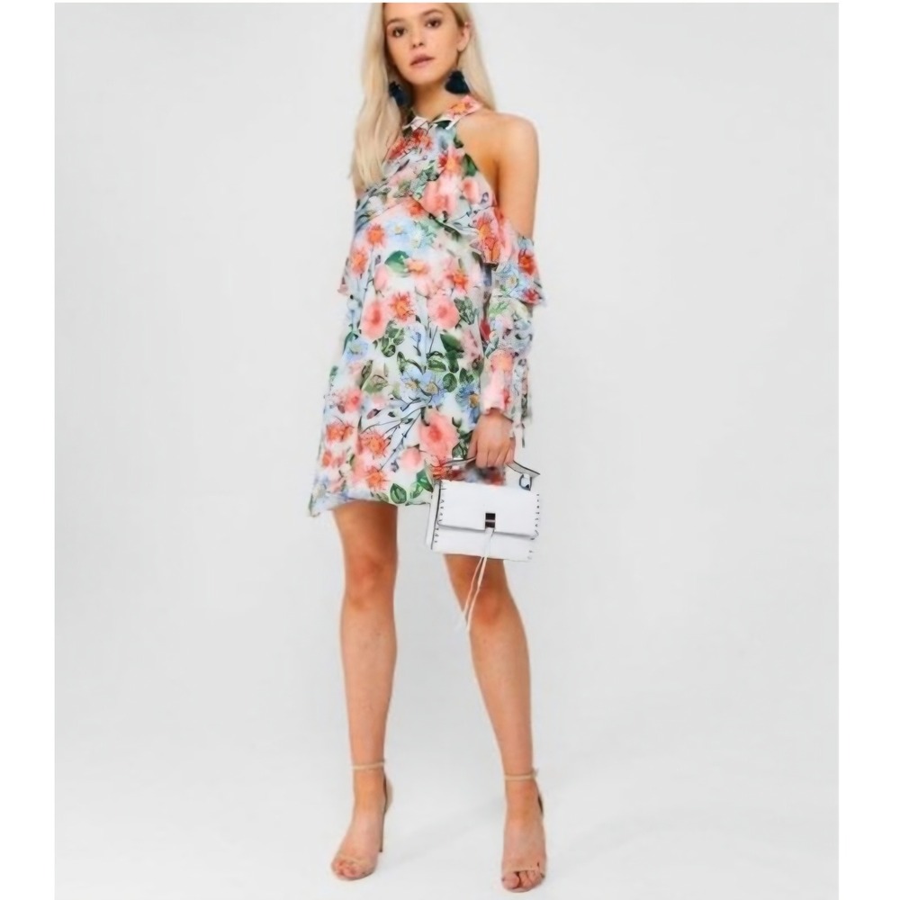Alice + Olivia Floral Cold Shoulder Halter Mini Dress Pink Blue Size Small